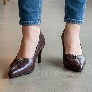 Chocolate Mousse Brown Lizard Print Pointed Toe kitten Heel Pumps Women 7.5M